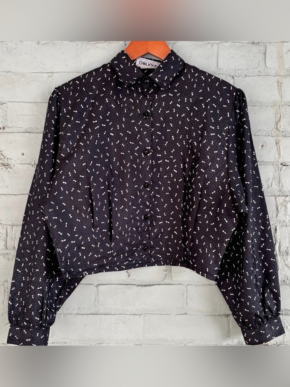 Vintage 80s Black and White Cropped Patterned Balloon Sleeve Blouse